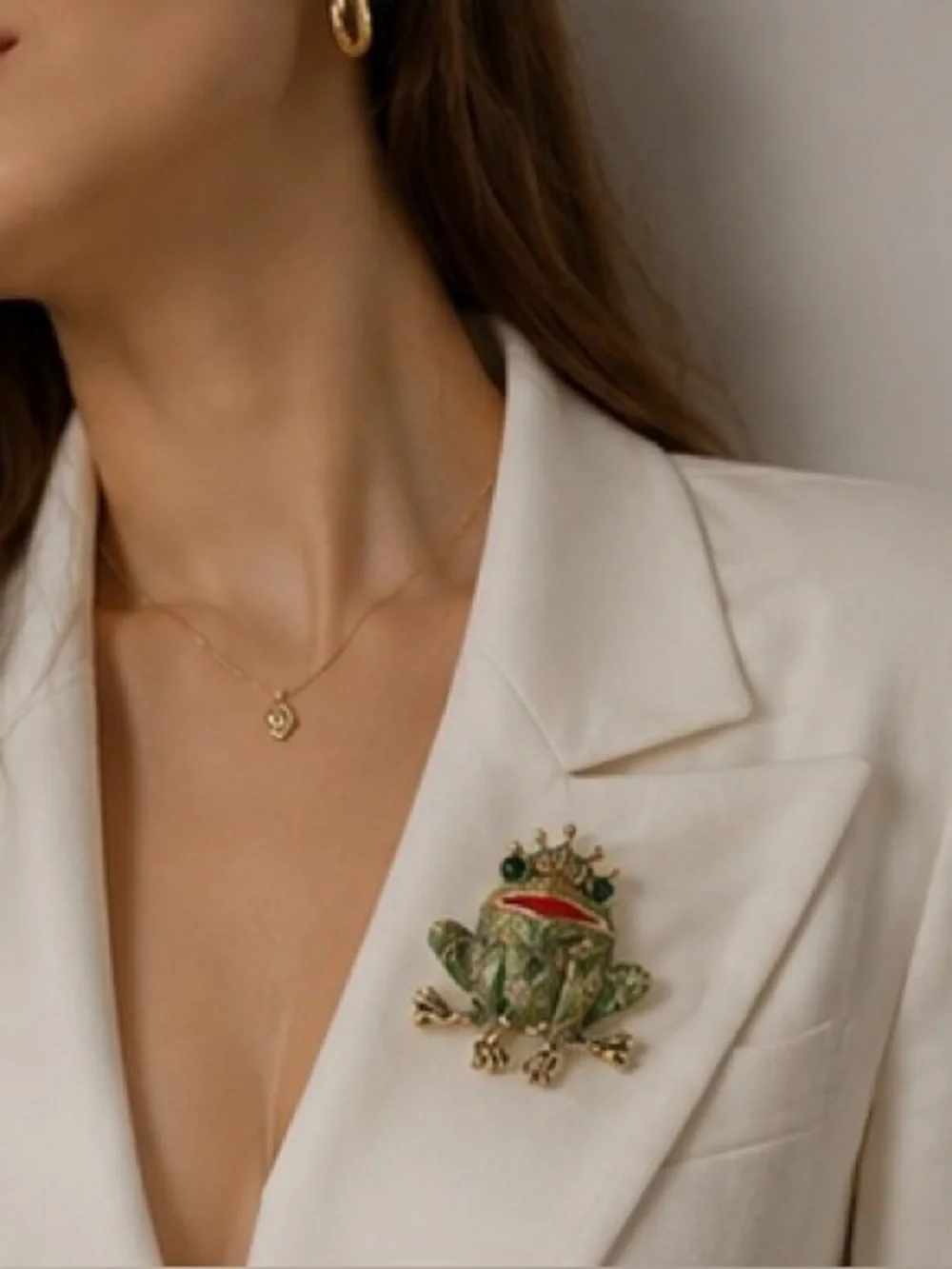 Anthropologie Gold-Tone Green and Red Frog Crown Brooch